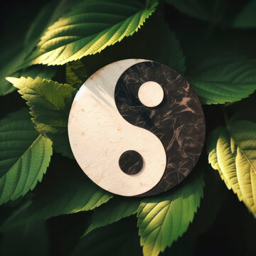 yin-yang symbol on nature background in leaves. ai generative