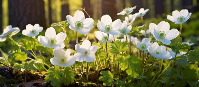 Generative AI image of a Beautiful white flowers of anemones in spring in a forest close-up in sunlight in nature. Spring forest landscape with flowering primroses