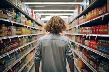 Young man buying groceries at the supermarket. Consumerism concept.