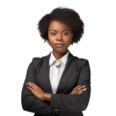 Fototapeta na wymiar Generative AI image of a Business woman portrait isolated on white background, Afro businesswoman in suit, crossed arms,