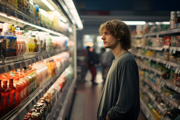 Young single man shopping in a supermarket, standing in front of a grocery shelf reading a product label.