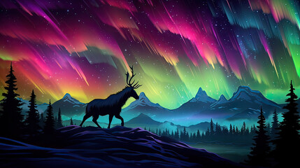 Animal silhouettes forming majestic mountain ranges against a vivid aurora borealis AI generative