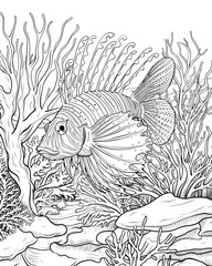 Naklejka premium Lionfish with underwater landscape to color in. Edited AI illustration.