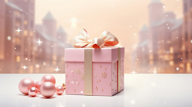 Pink 3d greeting Christmas background gift box with pink ribbon bow on blurred fairytale city background with pink baubles and copy space. Barbie style Christmas background