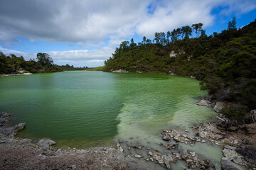 the photo shows mixing of dirty water from stream and green watered volcanic lake at wai o tapu.