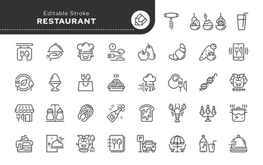 Restaurant, cafe icon in contour linear style. Food, dish, pork, beef and lamb. Serving and cutlery. Vector set of conceptual web icons for app, website. Outline iconography.