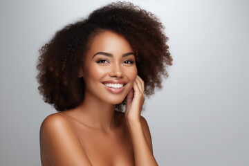 Beauty portrait of african american woman, curly long hair, natural girl makeup. Happy smile - obrazy, fototapety, plakaty