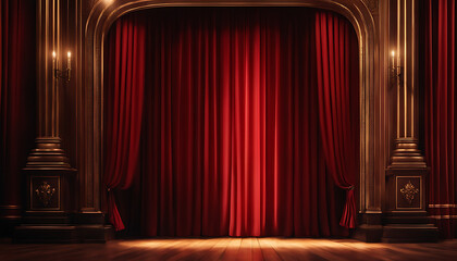 Red curtains and spotlights adorn the theater stage. theater stage with red curtain and gold curtain - obrazy, fototapety, plakaty