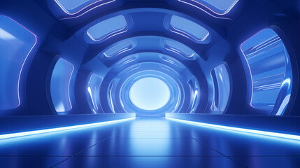 Empty blue tunnel. Technology futuristic background. - obrazy, fototapety, plakaty