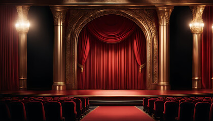 Red curtains and spotlights adorn the theater stage. theater stage with red curtain and gold curtain