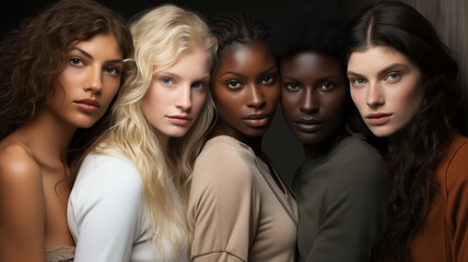 Obraz premium group of three young beautiful girls friends in a studio.