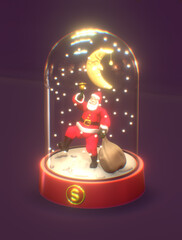 Snow globe in Christmas theme, Santa Claus in the snow with a bag full of presents background, The moon is shining 3D render illustration