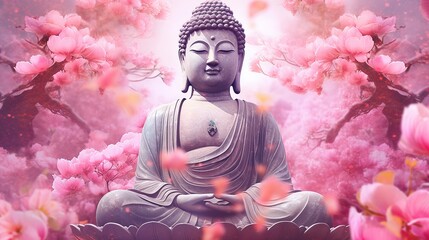 Buddha statue with pink sakura blossom background, 3d illustration - obrazy, fototapety, plakaty