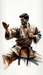 Generative AI image of a  sketch of a Middle-Eastern karate man in a powerful fighting pose. He wears a traditional karate gi