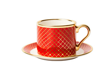 Red Box pattern ceramic mug with golden base and handle On Transparent Background
