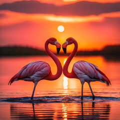 Two pink flamingos use their necks to form a heart shape. two flamingos in the water at sunset