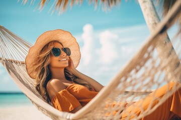 Woman relaxing in colorful hammock in tropical garden while relaxing in vacation. AI Generated