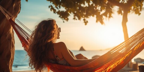 Woman relaxing in colorful hammock in tropical garden while relaxing in vacation. AI Generated - obrazy, fototapety, plakaty