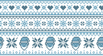 Christmas winter background in knitted pixel art style. Lapland seamless pattern with santa and nordic snowflake. 