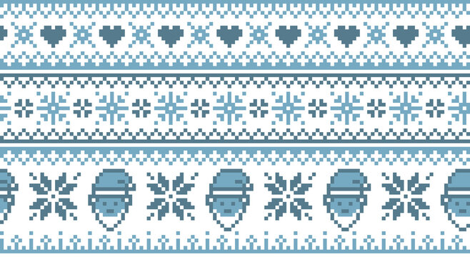 Christmas winter background in knitted pixel art style. Lapland seamless pattern with santa and nordic snowflake. 