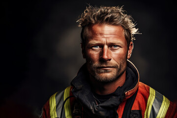 Obraz premium Firefighter with helmet portrait on dark backgraund. Proffesion concept