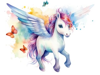 A watercolor painting of a unicorn with wings