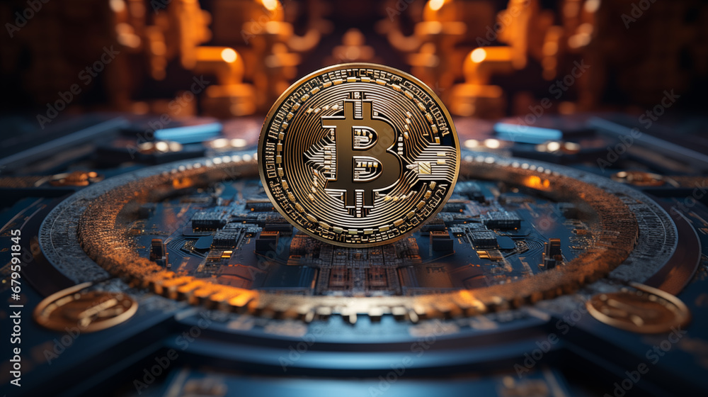 Poster bitcoin resting on a detailed computer circuit board