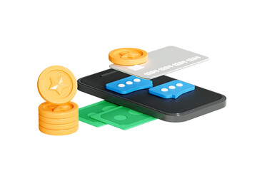 3D Mobile phone with credit card and money. Online payment concept. Wallet application. Banking app. Transfer money via smartphone. Golden coin. Cartoon creative design isolated on white. 3D Rendering