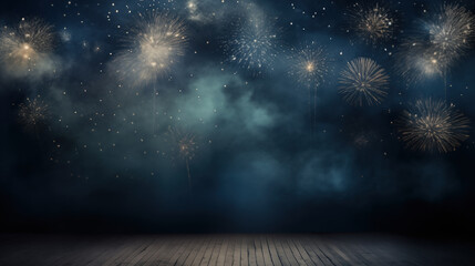 Abstract background new year, cheering crowd and blue and gold fireworks and celebrating holiday, Sparklers and bokeh lights on dark blue night sky texture, copy space, generative ai
