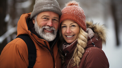 Fototapeta premium senior couple with snow in winter forest