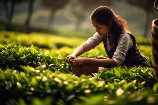 Farmers collecting tea at tea plantation. AI Generated