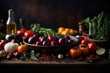 An assortment of healthy vegetables, herbs, and oils on a rustic wooden table with a dark background.