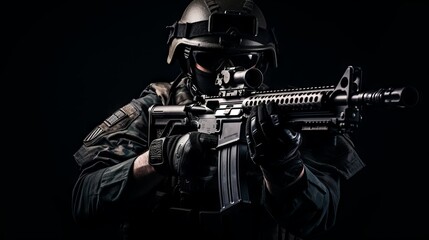 Special forces soldier with rifle on black background  - obrazy, fototapety, plakaty