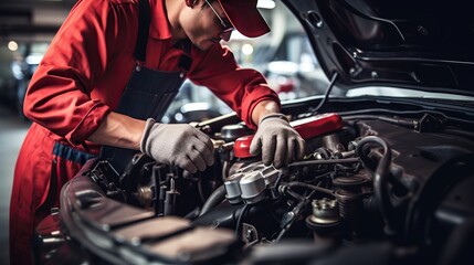 Auto mechanic working on car engine in auto repair shop. Car service and maintenance concept.