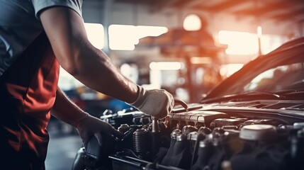 Auto mechanic working on car engine in auto repair shop. Car service and maintenance concept.