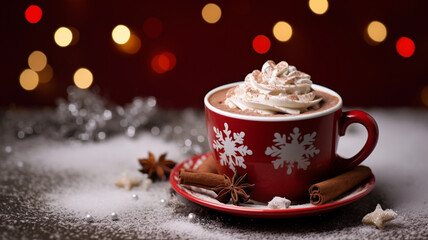 Obraz na płótnie Canvas Festive hot chocolate mug with whipped cream,cinnamon, and Christmas Decorations snowman cup.