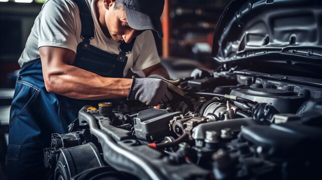 Auto mechanic working on car engine in auto repair shop. Car service and maintenance concept.