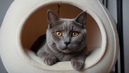 Scottish Beautiful cute cat in minimal house. cat eyes. grey cat wallpaper background, cat eyes, white house  - obrazy, fototapety, plakaty
