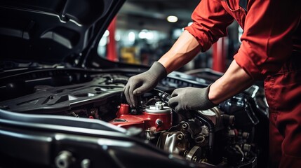 Auto mechanic working on car engine in auto repair shop. Car service and maintenance concept. - obrazy, fototapety, plakaty