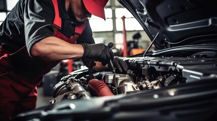 Auto mechanic working on car engine in auto repair shop. Car service and maintenance concept. - obrazy, fototapety, plakaty