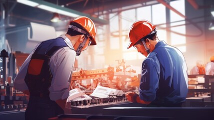 Two engineer worker working together with safty uniform and white helmet to work in industry checking production line.  - obrazy, fototapety, plakaty