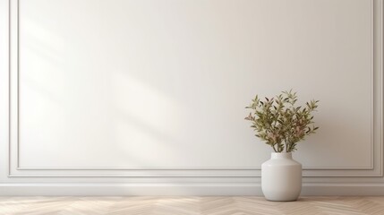 White classic wall background, brown parquet floor, home furniture detail, frame and vase of plant. 