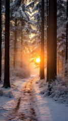 Winter forest in the morning. AI