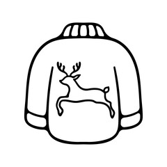 Sweater with deer icon. Insulation, clothing, snow, cold. New Year, Christmas, holiday, gift, Santa, celebration, January 1, winter.