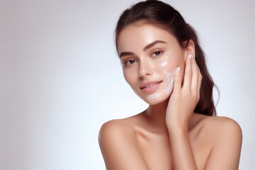 smiling woman enjoying beauty treatment on white background. AI Generated