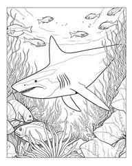 Underwater landscape with a shark, aquatic plants and corals to color in. Edited AI illustration.