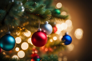Obraz na płótnie Canvas Christmas ornaments hanging on the Christmas tree with lights behind