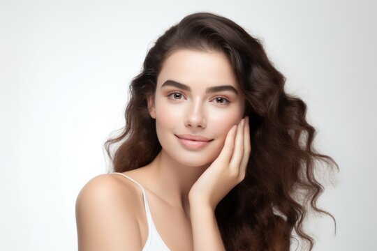 smiling woman enjoying beauty treatment on white background. AI Generated