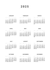 2025 Annual Calendar template. Vector layout of a wall or desk simple calendar with week start Monday. Calendar design in black and white colors