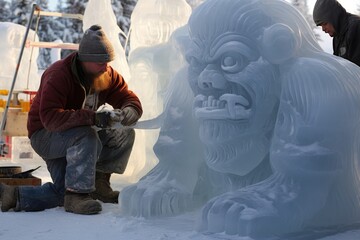 Fototapeta premium Trolls carving ice sculptures in an arctic village. 
